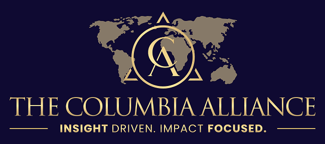 Columbia Alliance logo with world map background.