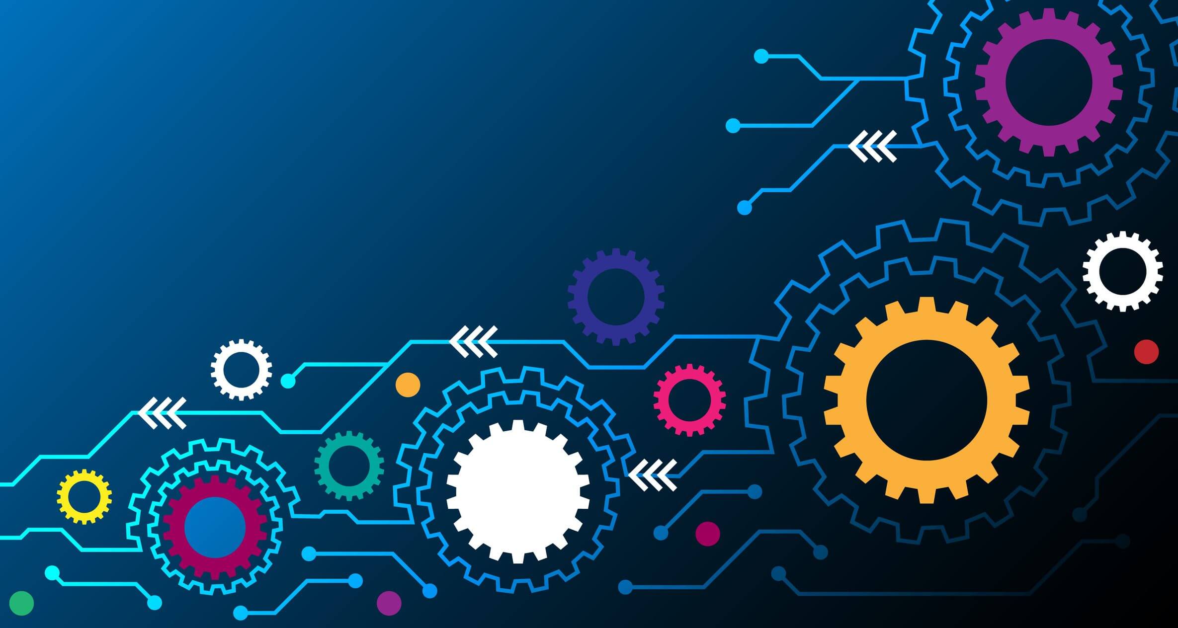 Colorful gears and circuit lines on a blue digital background.