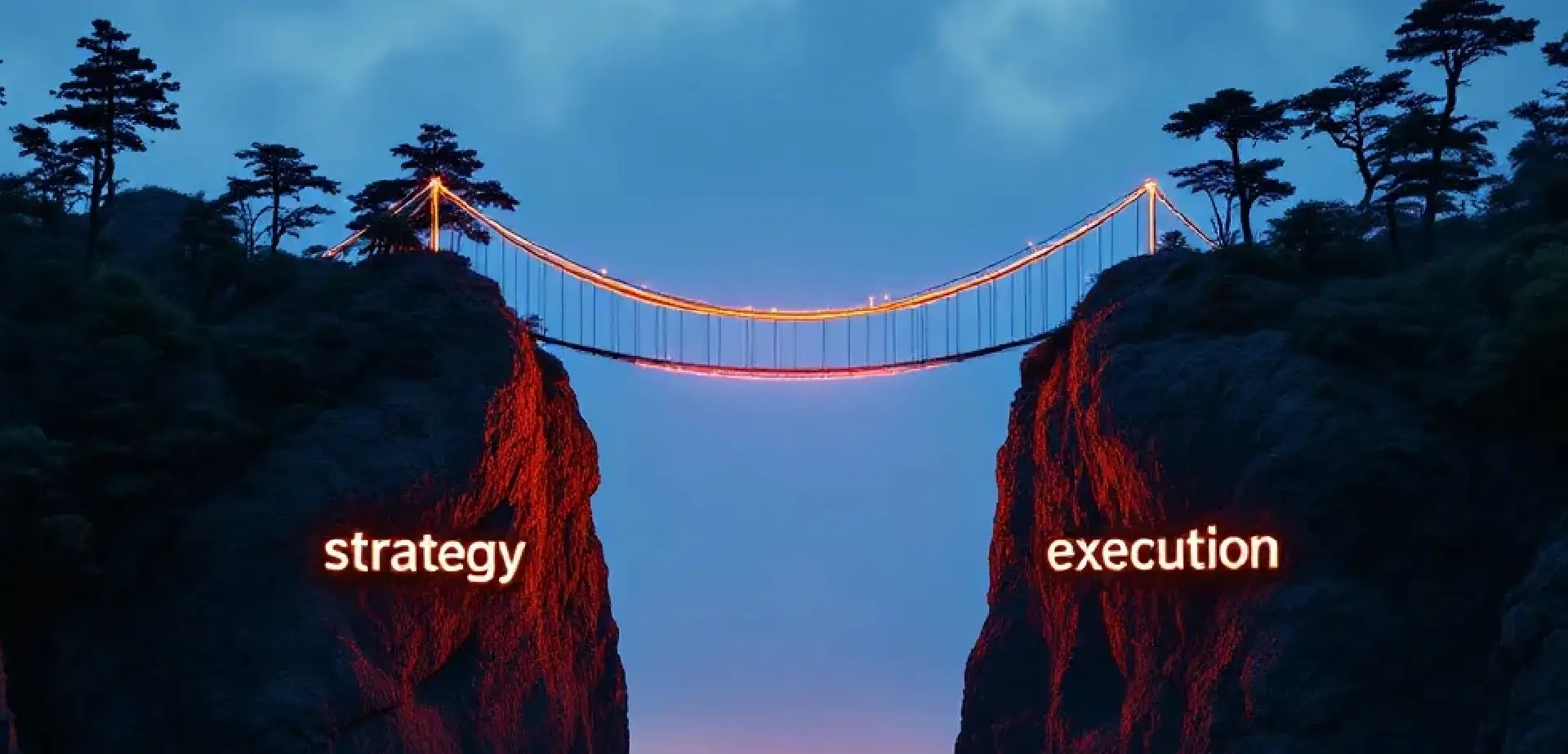 Suspension bridge connecting two cliffs labeled 'strategy' and 'execution'.