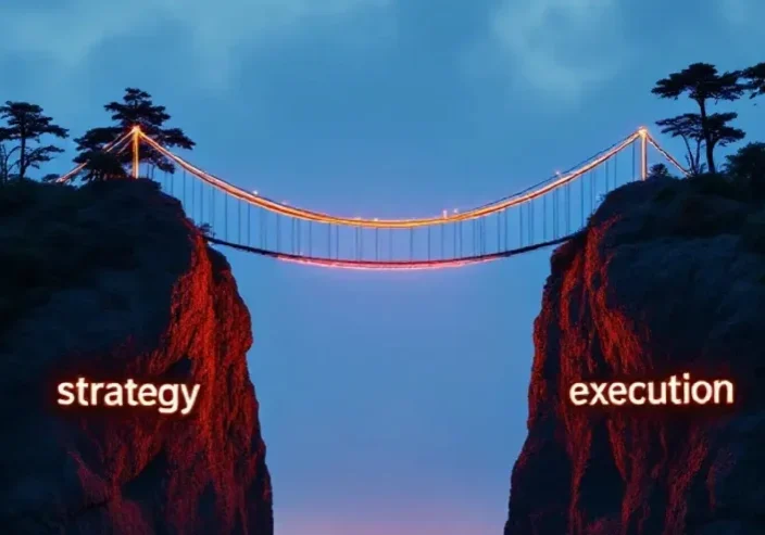 Suspension bridge connecting two cliffs labeled 'strategy' and 'execution'.